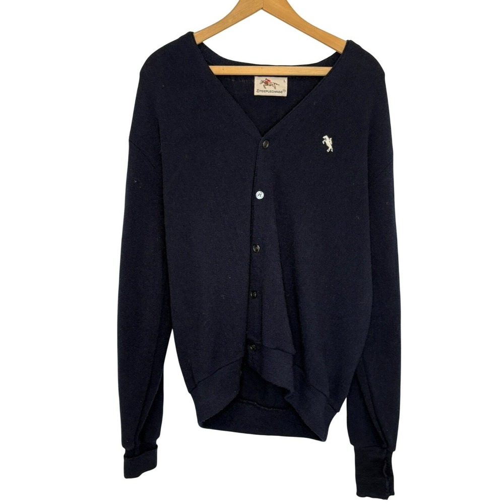 Vintage STEEPLECHASE Sweater Cardigan Mens Large Navy Blue Grandpa